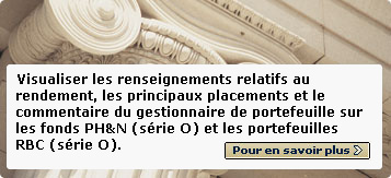 Visualiser les renseignements relatifs au rendement, les principaux placements et le commentaire du gestionnaire de portefeuille sur les fonds PH&N (s&eacute;ries D et O) et les portefeuilles RBC (s&eacute;rie O). Pour en savoir plus